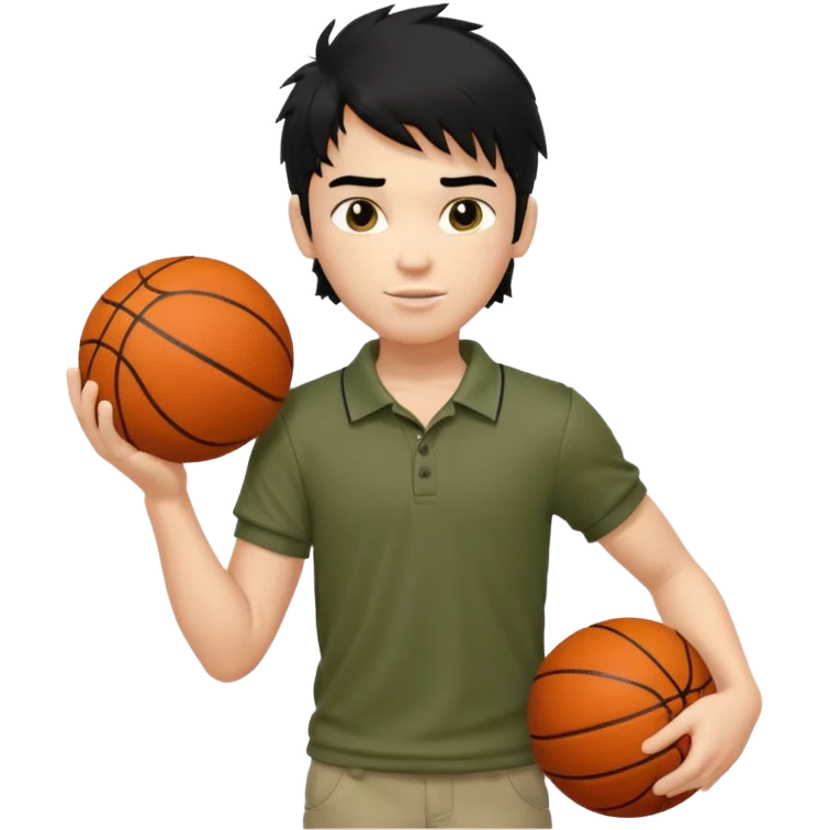 generate a pretty fair bratz boy with a long messy mullet (black hair), carrying a basketball in one hand. Smirking .  Wearing an olive polo shirt. Lean but biceps emoji