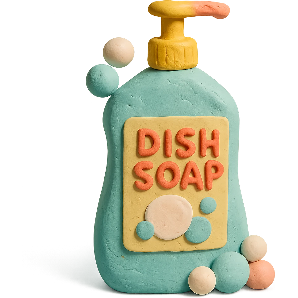 dish soap bottle in claymation style with bubbles and a playful label, pastel palette emoji