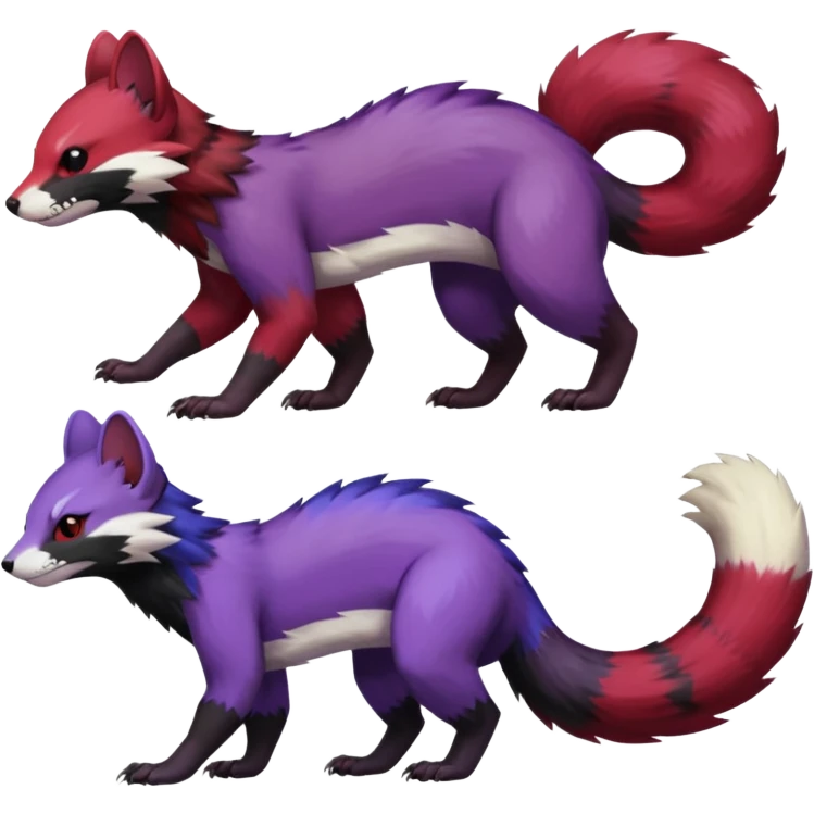 Purple, red, black Trico-Sergal-Furret-Ferret-Wolverine-Vernid-fusion-Fakemon-animal-hybrid-creature, full body emoji