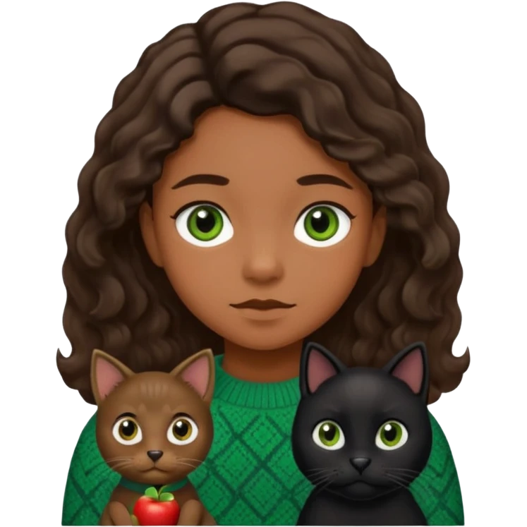 kid with vintage sweater, brown eyes, flat brown hair, with black dog with wavy hair and black eyes, and black cat with straight hair and green eyes in Apple emoji style emoji