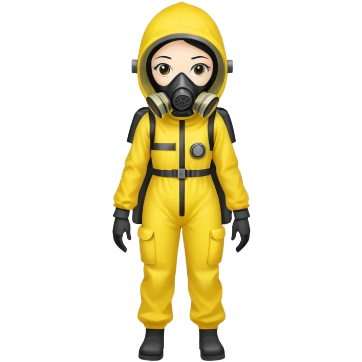 Sticker of a girl with straight black hair, wearing a yellow hazmat suit and a gas mask. Serious atmosphere, cartoon style, radiation danger background. emoji