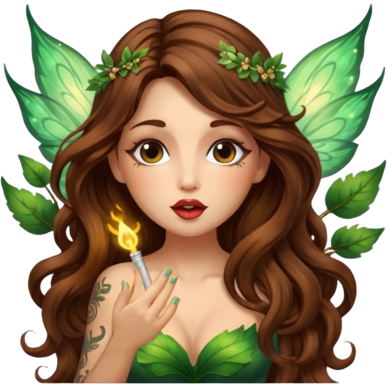 forest fairy woman long wavy brown hair tattoos blowing glowing kiss emoji