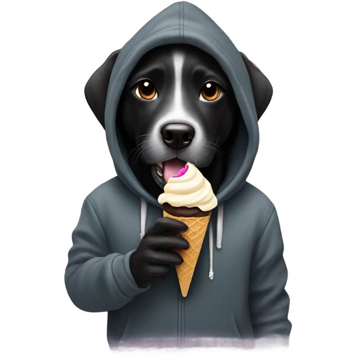 Black dog eating ice cream in a hoodie emoji