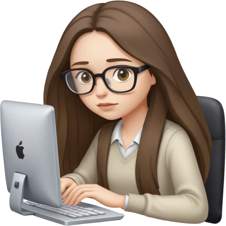 pale brunette girl with long hair wearing glasses working on computer eyes down emoji