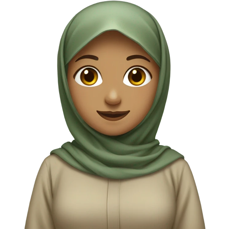 girl wearing a long sage green abaya. Smiling and with beige hijab. girl is standing up  emoji