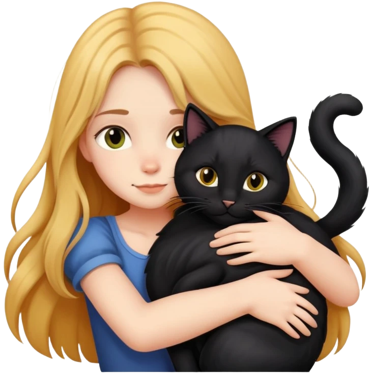A long-haired girl hugs a black cat tightly emoji