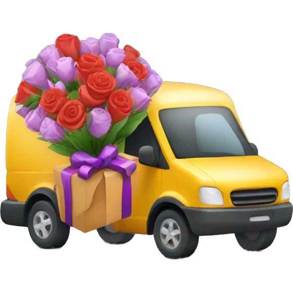 courier with auto delivering gift flowers delivery emoji