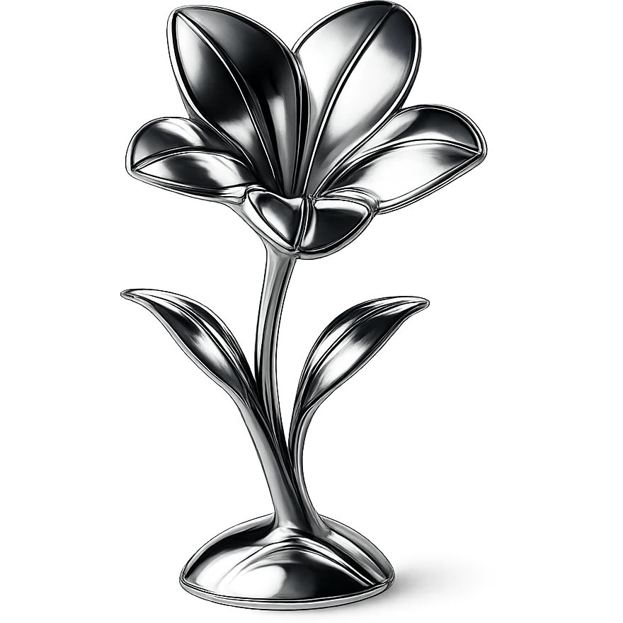 reflective chrome flower with three distinct petals sprouting from the ground, highly metallic emoji