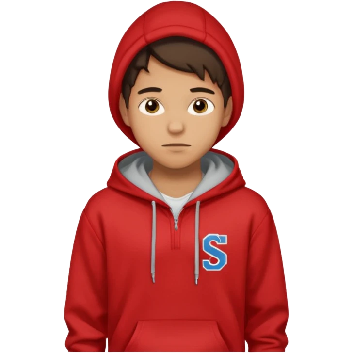 make me an emoji of an americain 19 yearold boy in a red hoodie that says "south" on it and give him with tan skin with his hands in his hands in his pocket not grining flexing his muscles emoji