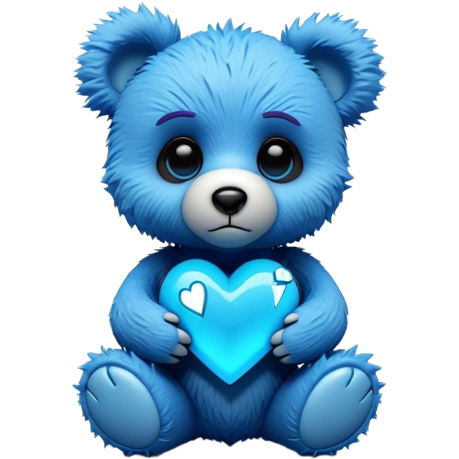 3D, adorable little Pixar style blue neon punk teddy bear holding a broken heart, ultra detailed, each lash, eye, and strand of fur is shown in stunning detail as though captured in a timeless photograph, rich textures, visually rich, so lifelike it feels like it could leap off the page at any momen emoji