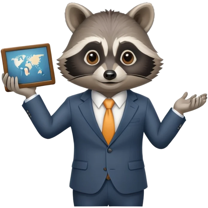business raccoon in suit giving a PowerPoint presentation emoji