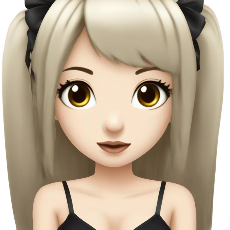 hime gyaru girl with LONG SILKY BLACK HAIR, with black satin halter top with chest, very pale skin and pretty brown monolid eyes emoji