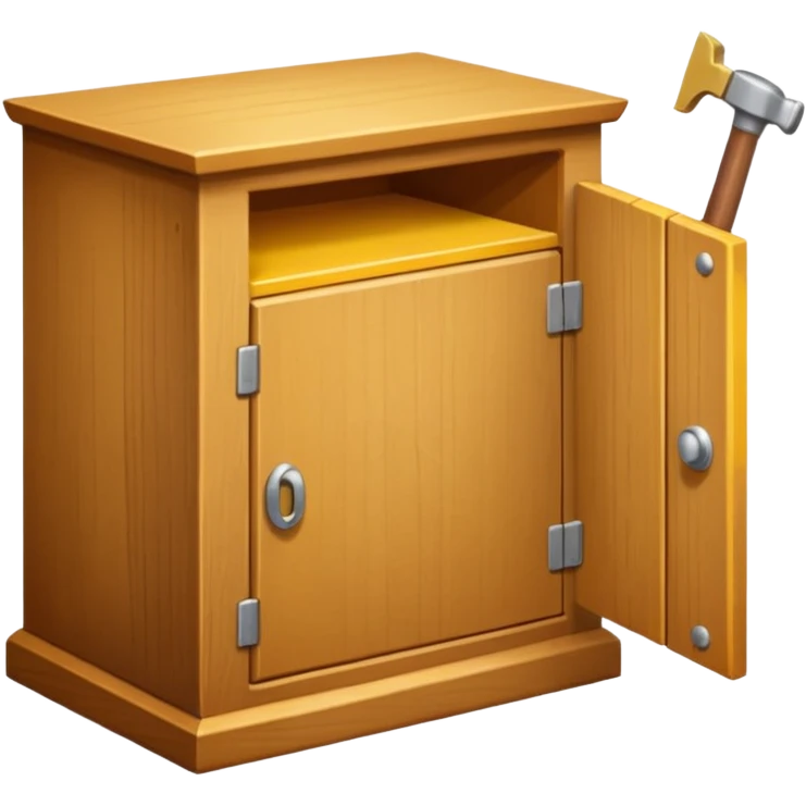 Compact emoji-style icon showing a small wooden cabinet with one door slightly open, a hammer resting beside it, and a plank of wood leaning in the background. Light brown wood tones, silver hammer head, yellow handle. Soft shadows, clean glossy look.  emoji