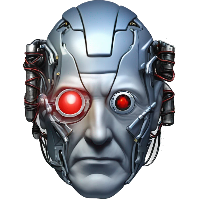 Jean luc picard from Star Trek assimilated by the Borg, with mechanical metal covering the left side of his face, with wires and a red light on the left side. His eyes are blue emoji