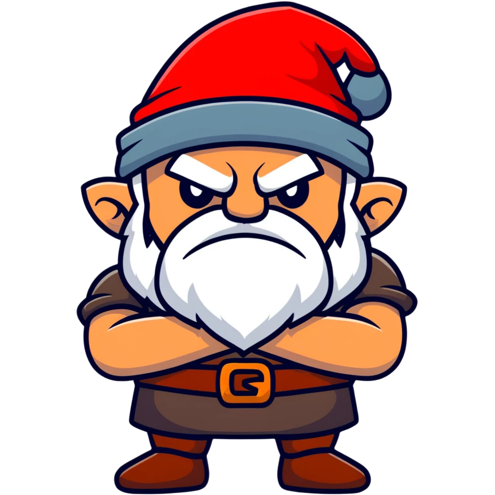 Grumpy dwarf character with angry expression, white beard, red hat, and arms crossed emoji