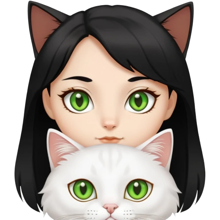 A white jinjila green eyes cat , and a black hair brown eyes girl emoji