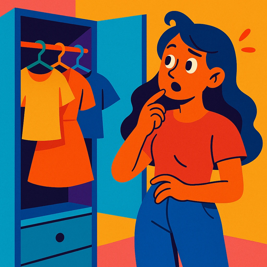 girl deciding what to wear, looking at a closet, expressive, modern illustration, vibrant toon style, colorful, playful emoji
