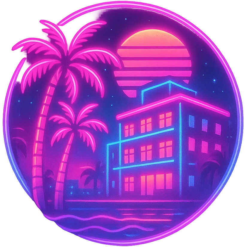 80s Vice City inspired icon with neon pink and blue colors, palm trees, retro Miami vibe, glowing lights, no text, vibrant and retro style emoji
