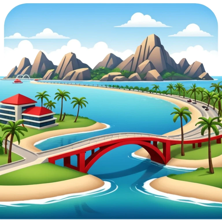 advanced modern island with advanced infrastructure, parks, contemporary architecture, beaches with palm trees, and a red bridge on one side emoji