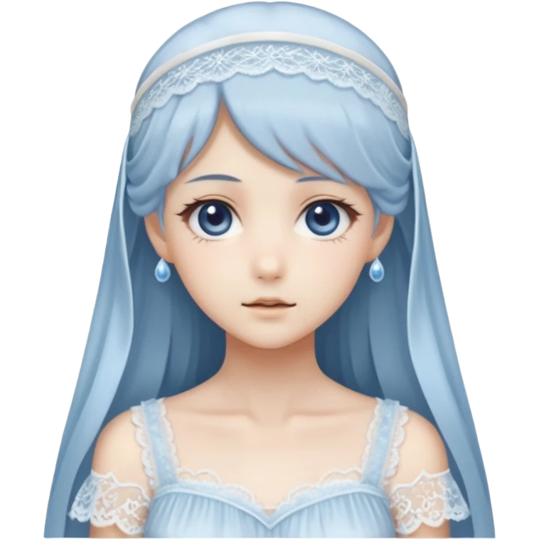 Beautiful ethereal pastel transparent translucent Gorgeous spectral dark greyish-blue whitish gloomy spectral Anime Poltergeist Lady  with a beautiful white silky lace dress with a silky lace head band emoji