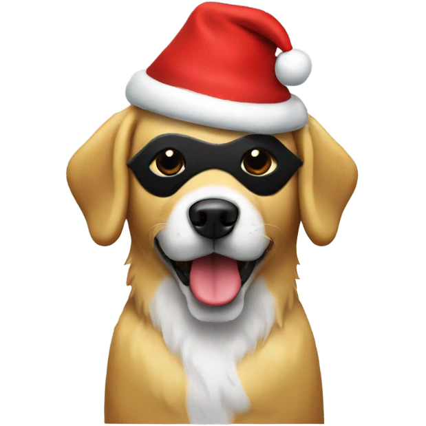 A golden dog with a black mask wearing a Santa hat eating a treat emoji