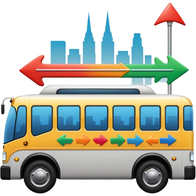 sleek side-profile bus and three colorful arrows leading to city symbols, Apple emoji style emoji