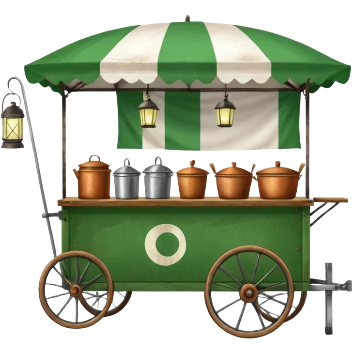 street food wagon with wooden wheels, green and white canopy, food flag, lantern, visible pots and pans emoji