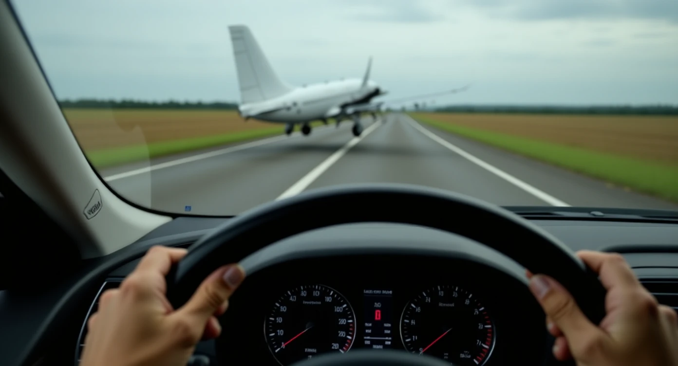 Realistic camshot pov car (hands holding car wheel) plane crash on road emoji