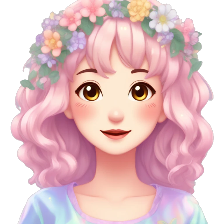 Gorgeous Shiny Colorful Pastel Anime Mature Lady with blushing face and pretty hair with a flower crown pastelcore kawaii cottagecore fairycore aesthetic trending style emoji