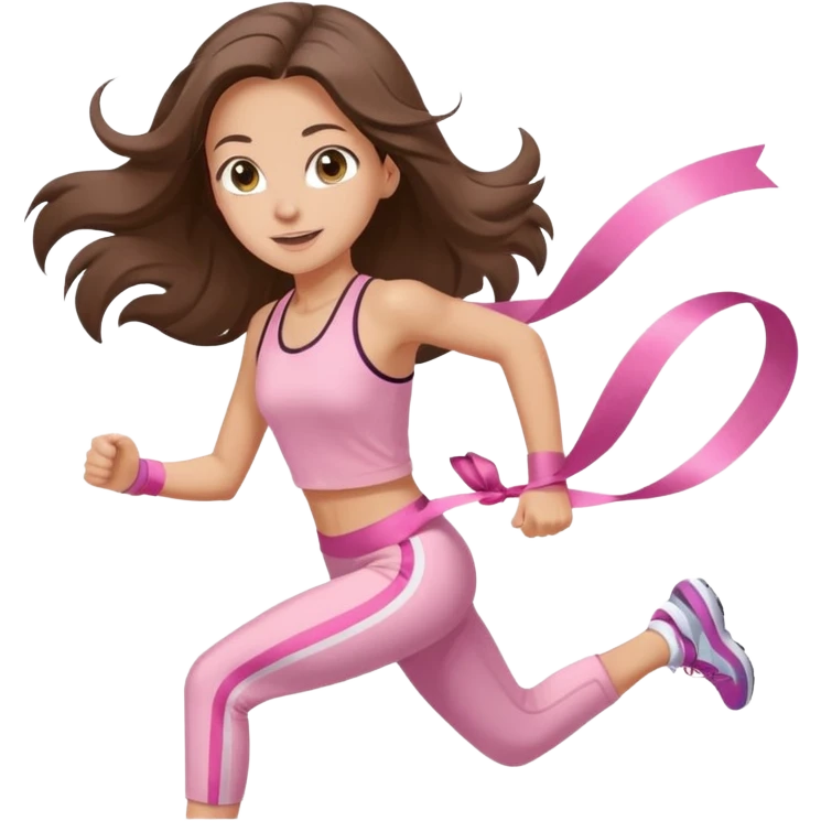 white happy brunette teen long hair with hazel eyes in light pink workout clothes jogging and breaking a ribbon race finish line emoji