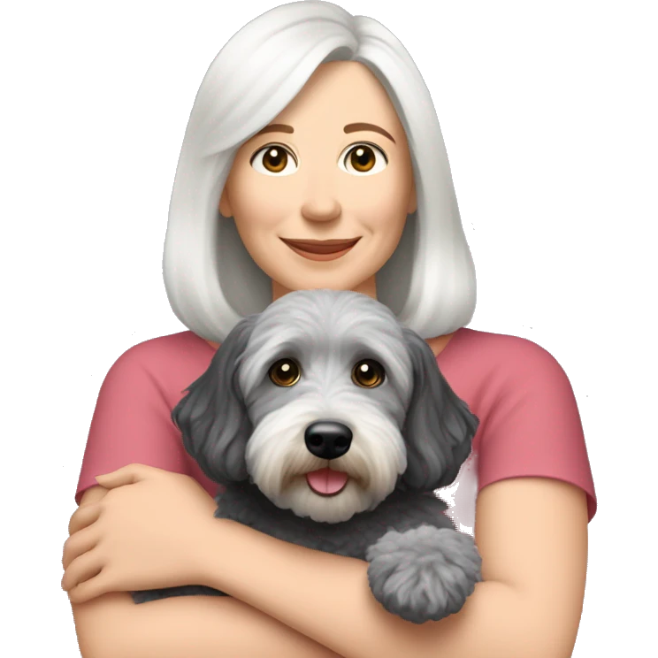white middle age woman shoulder length hair with hugging my 8 pound Schnoodle  emoji