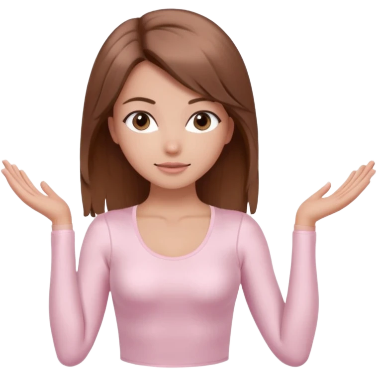 brown hair girl wearing light pink pilates clothes, silk beautiful medium hair and brown eyes, hands down emoji