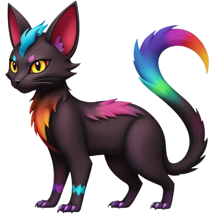 Black with rainbow-markings edgy Noivern-Noibat-Purloin-Torracat-Lykoi-Caracal-cat-Fakemon-fusion-hybrid-creature emoji