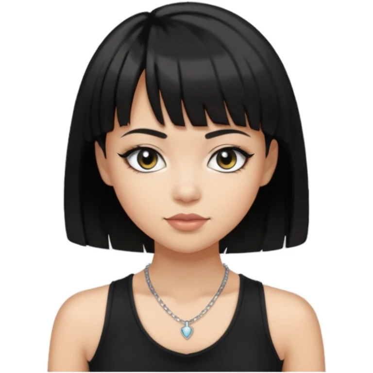 Make an emoji that is a bit fat but also a bit skinny at the same time, has black short hair with bangs, has eye liner and mascara on, has a black tanktop on, and has a necklace on  emoji
