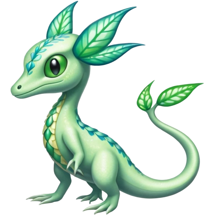 Sparkly White And Green Natural Flowery Colorful Grovyle-Salandit-Celebi-Fakémon-hybrid-creature (full body)  emoji