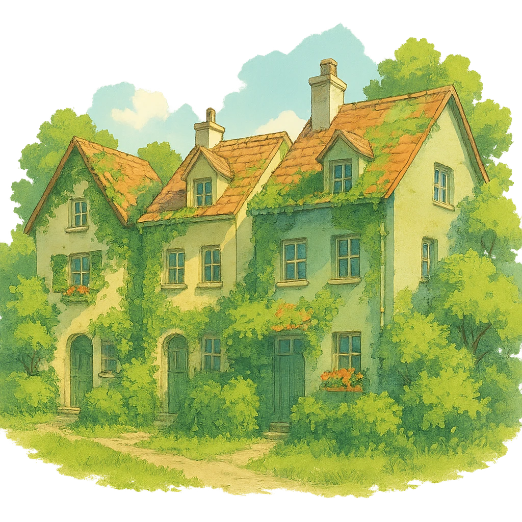 townhomes with lush greenery and soft colors emoji
