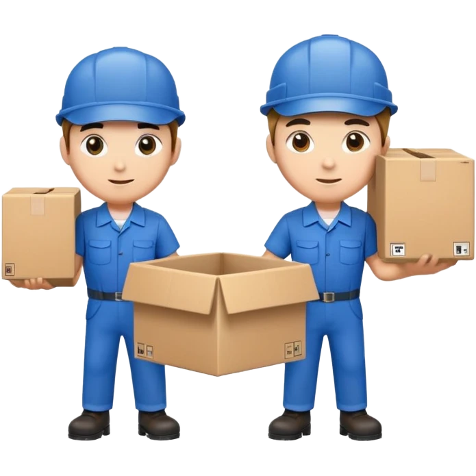 two workers in blue work uniforms and caps carrying a large box, alternate expression emoji