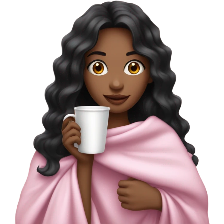 A beautiful and also cute woman with wavy black hair and blue eyes, we can see her white top under the pink blanket on her shoulders she is holding a cup off coffe with her both hands emoji