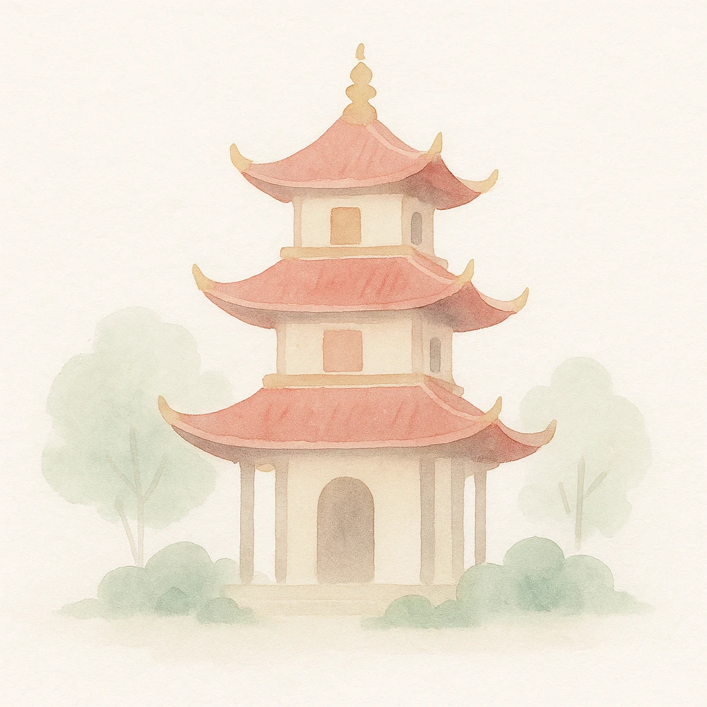 soft watercolor illustration in a minimalist modern style of a traditional Vietnamese pagoda with multiple tiered roofs, red and gold colors, ornate decorations, peaceful garden setting, pastel colors, delicate linework, gentle whimsical mood, minimal soft shading emoji