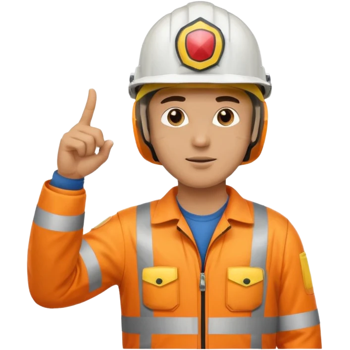 a guy wearing safety outfit with helmet standing and pointing finger to 3 oclock direction emoji