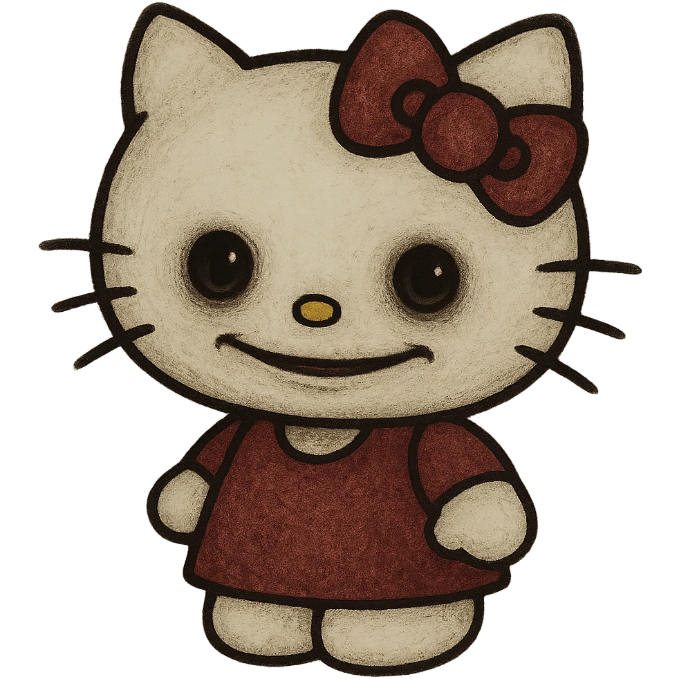 uncanny Hello Kitty with unsettling and slightly eerie expression, cute but off-putting style emoji