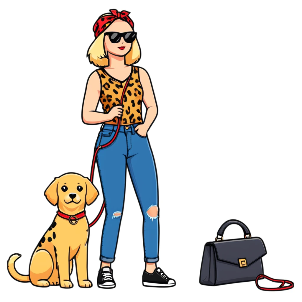 stylish woman in leopard print sleeveless top, flared jeans, sunglasses, black bag, squatting next to happy golden retriever with red bandana and blue leash, urban brick wall background, side angle emoji