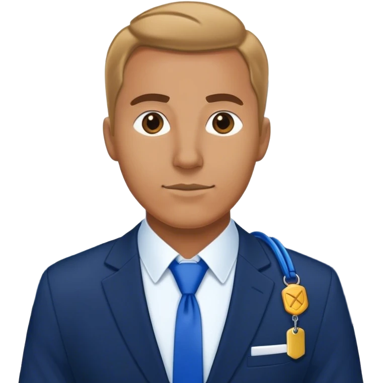 Man in an office in a navy blue suit wearing a blue lanyard around his neck emoji