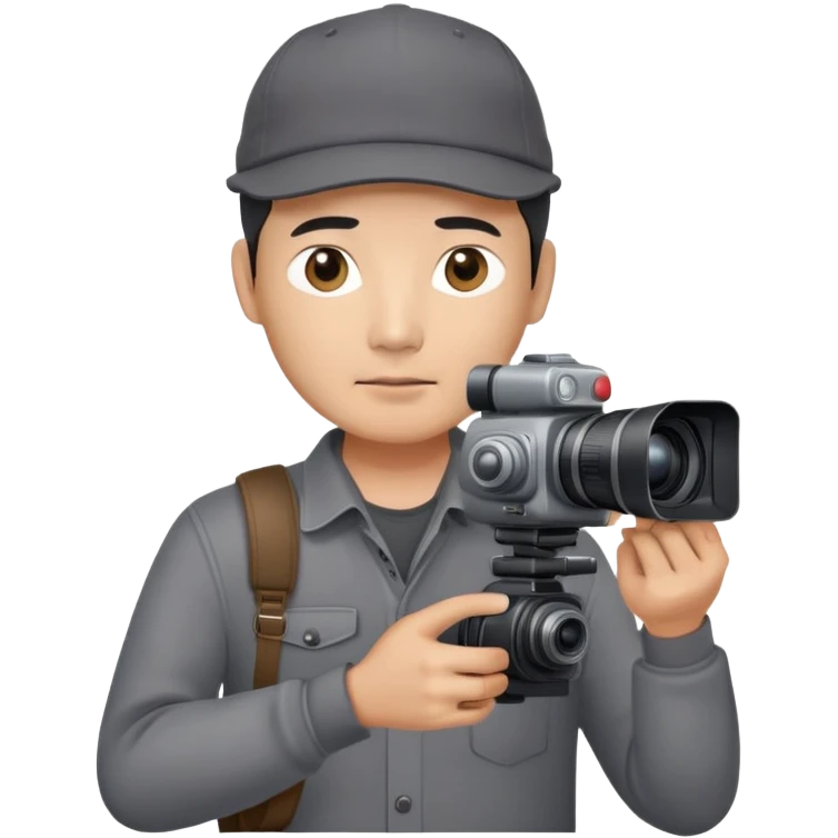 Chinese middle age male film producer with black eyes  in dark grey shirt with dark grey cap and professional camera emoji