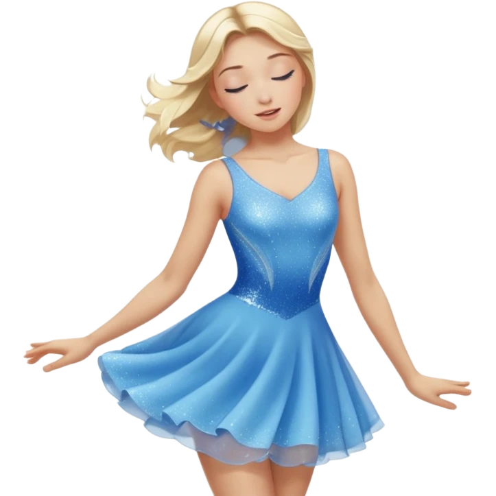 The ice skater girl in the sparkling blue dress spins gently with her eyes closed. emoji