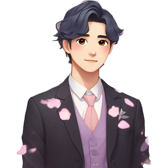 Gorgeous romantic anime style Asian formal modern gentlemanly guy with pretty hair and flower petals and blushing face aesthetic trending style with colorful gradient colors  pastelcore cottagecore kawaiicore emoji
