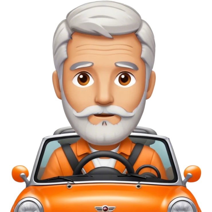 Grey haired bearded man driving an orange Mini Cooper emoji