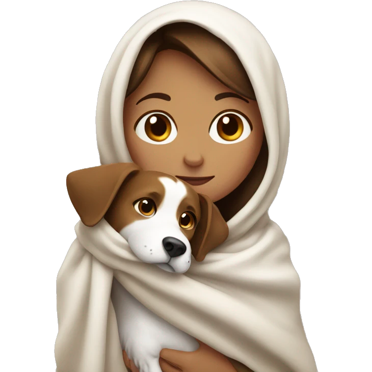 Brown haired girl, wrapped up in a blanket. Holding a brown and white dog. emoji