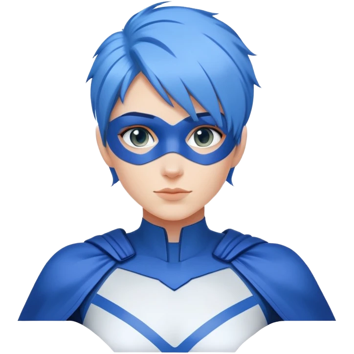 Emoji of a friendly, clean-shaven woman with blue hair, wearing a minimalist blue and white superhero suit with broad shoulders. The suit has a large blank area on the chest for a logo, uses only blue and white colors, and has minimal details. Image is cropped at the chest level. emoji
