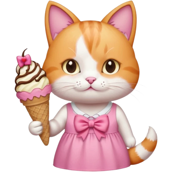 گربه‌ ای سفید نارنجی که پاپیون رو سرشه و لباس صورتی تنشه و بستنی شکلاتی قیفی دستشه emoji